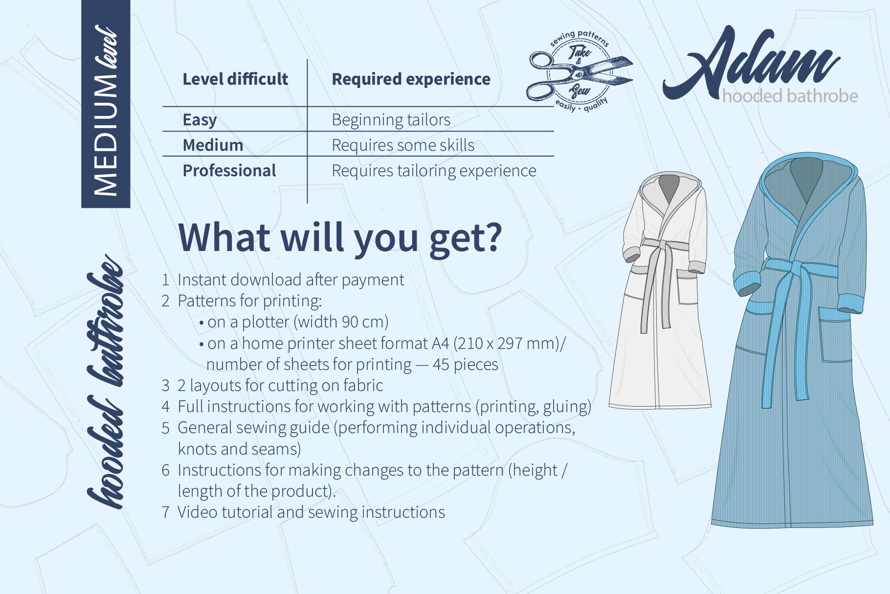 Indie Hooded Bathrobe Sewing Pattern. DIY Man Housecoat, Size S M L ...