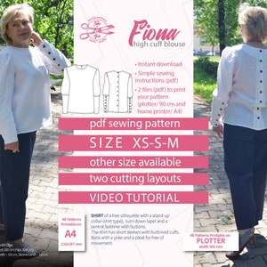 May include: A pink and white digital download for a sewing pattern for a high cuff blouse called Fiona. The pattern is available in sizes XS-S and includes two cutting layouts and a video tutorial. The pattern is printable on A4 paper or a plotter.