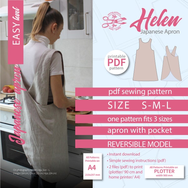 Cross back apron pattern Pinafore apron pattern Japanese apron pattern Indie sewing pattern Helen Full apron pattern Size S M L