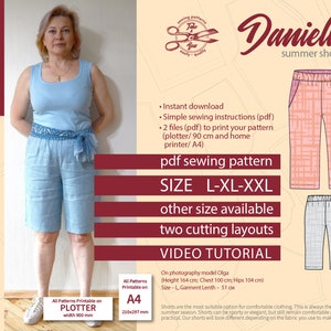 Indie linen shorts sewing pattern DIY Women summer trousers Size L XL XXL Danielle Shorts. Easy pants patterns Instant digital download pdf