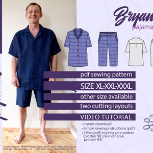May include: A sewing pattern for pyjamas in sizes XL-XXL-XXXL. The pattern includes a shirt and trousers. The pattern is available in two cutting layouts and includes a video tutorial. The pattern is available for instant download.