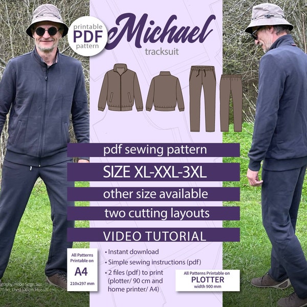 Track suit sewing pattern Sweatpants pattern Sweatshirt pattern PDF sewing patterns Indie basic tracksuit men pattern Michael Size L XL XXL