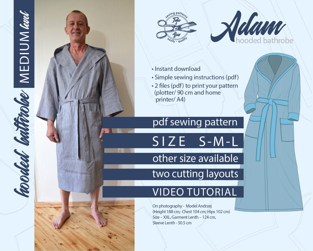 Indie Hooded Bathrobe Sewing Pattern. DIY Man Housecoat, Size S M L