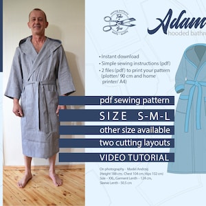 Indie hooded bathrobe sewing pattern. DIY Man housecoat, Size S M L. Adam robe pattern, Instant digital download pdf