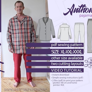 Indie pajama sewing pattern Diy Man pajamas Size XL XXL XXXL Anthony Pajamas pattern, long sleeve shirt pants. Instant digital download pdf