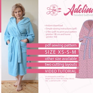 Indie hooded bathrobe sewing pattern. DIY Women housecoat, Size XS S M. Adelina dressing gown pattern, Instant digital download pdf