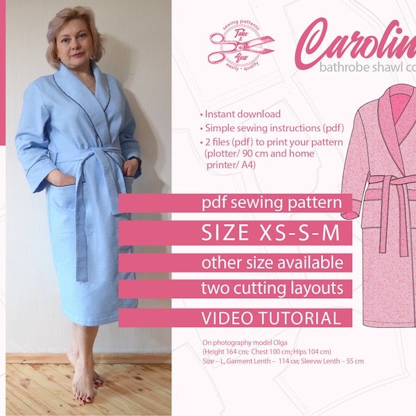 Indie Bathrobe Shawl collar Sewing Pattern. DIY Women housecoat, Size XS S M. Caroline dressing gown pattern, Instant digital download pdf