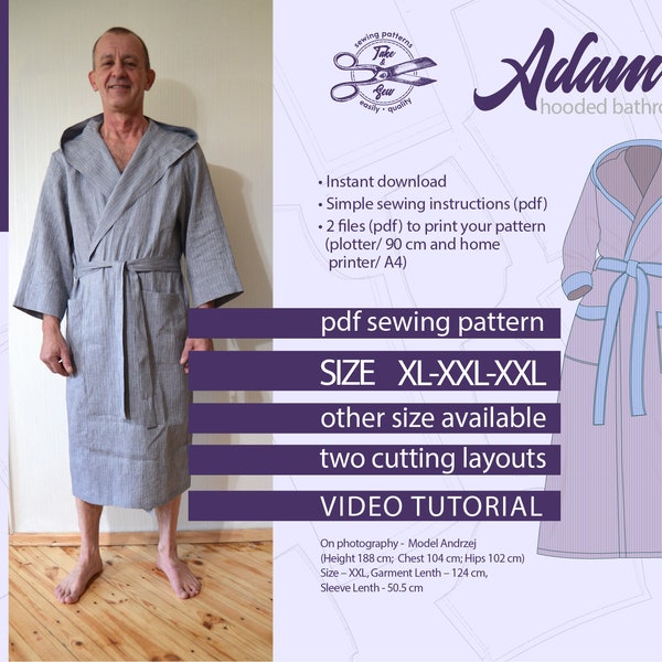 Motif de couture de peignoir à capuche indépendant. Manteau de maison DIY Man, Taille XL XXL XXXL. Modèle de robe Adam, téléchargement numérique instantané pdf