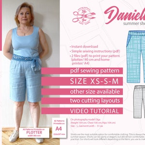 Indie linen shorts sewing pattern. DIY Women summer trousers, Size XS S M Danielle Shorts. Easy pants patterns. Instant digital download pdf