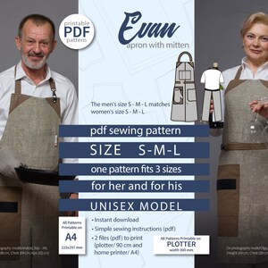 Peut inclure: Un patron de couture PDF pour un tablier unisexe avec mitaine, intitulé "Evan". Le tablier est présenté sur deux modèles. Le texte indique que le patron est de taille S-M-L, convient à trois tailles et est un téléchargement instantané avec des instructions simples.