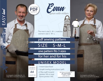 Chef apron pattern  Full apron pattern Indie sewing pattern Evan Apron with mitten Size S M L