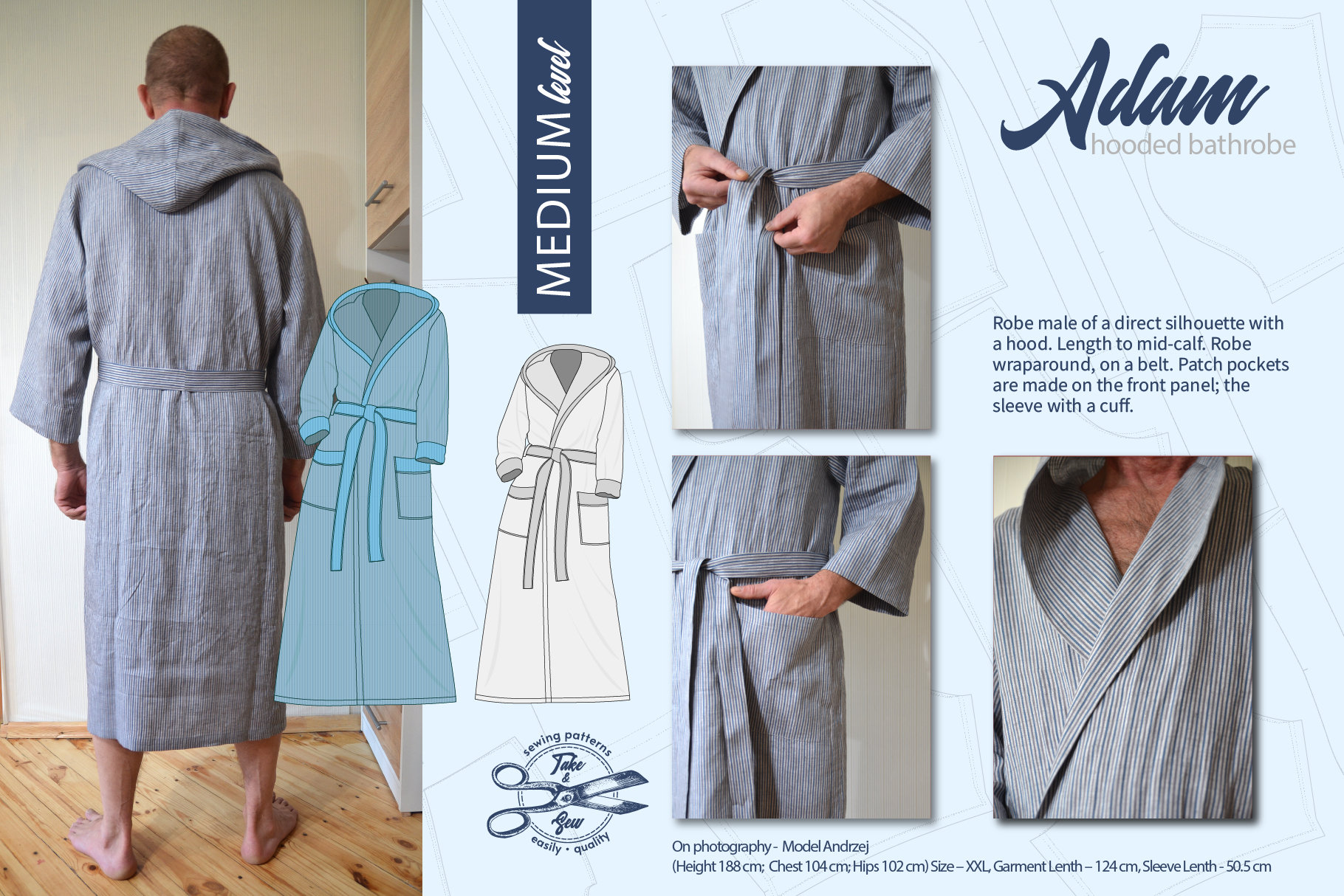 Indie Hooded Bathrobe Sewing Pattern. DIY Man Housecoat, Size S M L