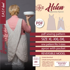 Cross back apron pattern Pinafore apron pattern Japanese apron pattern Indie sewing pattern Helen Full apron pattern Size XL XXL 3XL