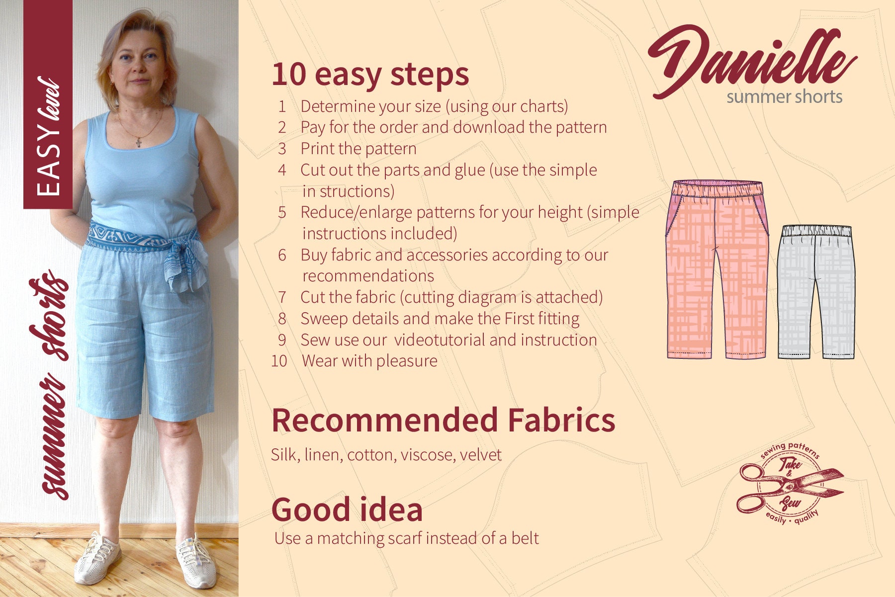 Indie Linen Shorts Sewing Pattern DIY Women Summer Trousers Size L XL