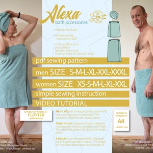 Padrão de costura de acessórios de banho familiar. Alexa Sauna Mulher Pareo, Turbante, kilt masculino Tamanho xs S M L XL XXL XXL. Download digital instantâneo de pdf