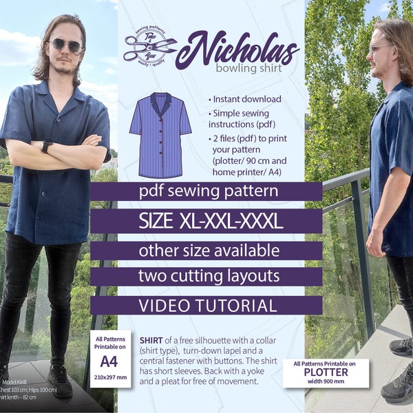 Bowling Button Up Shirt Sewing Pattern. Indie DIY Men’s Shirt Size XL xxl xxxl. Nicholas vintage shirt Pattern. Instant digital download PDF