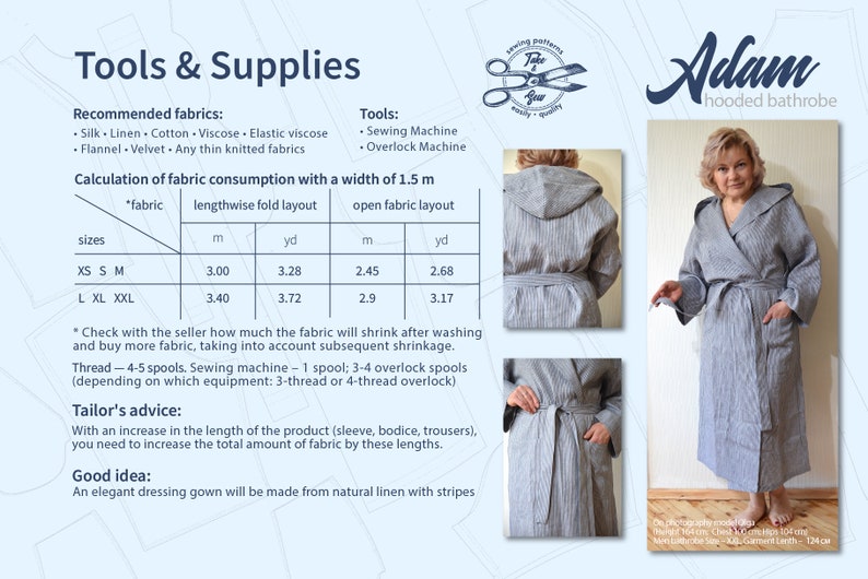 Indie Hooded Bathrobe Sewing Pattern. DIY Man Housecoat, Size S M L
