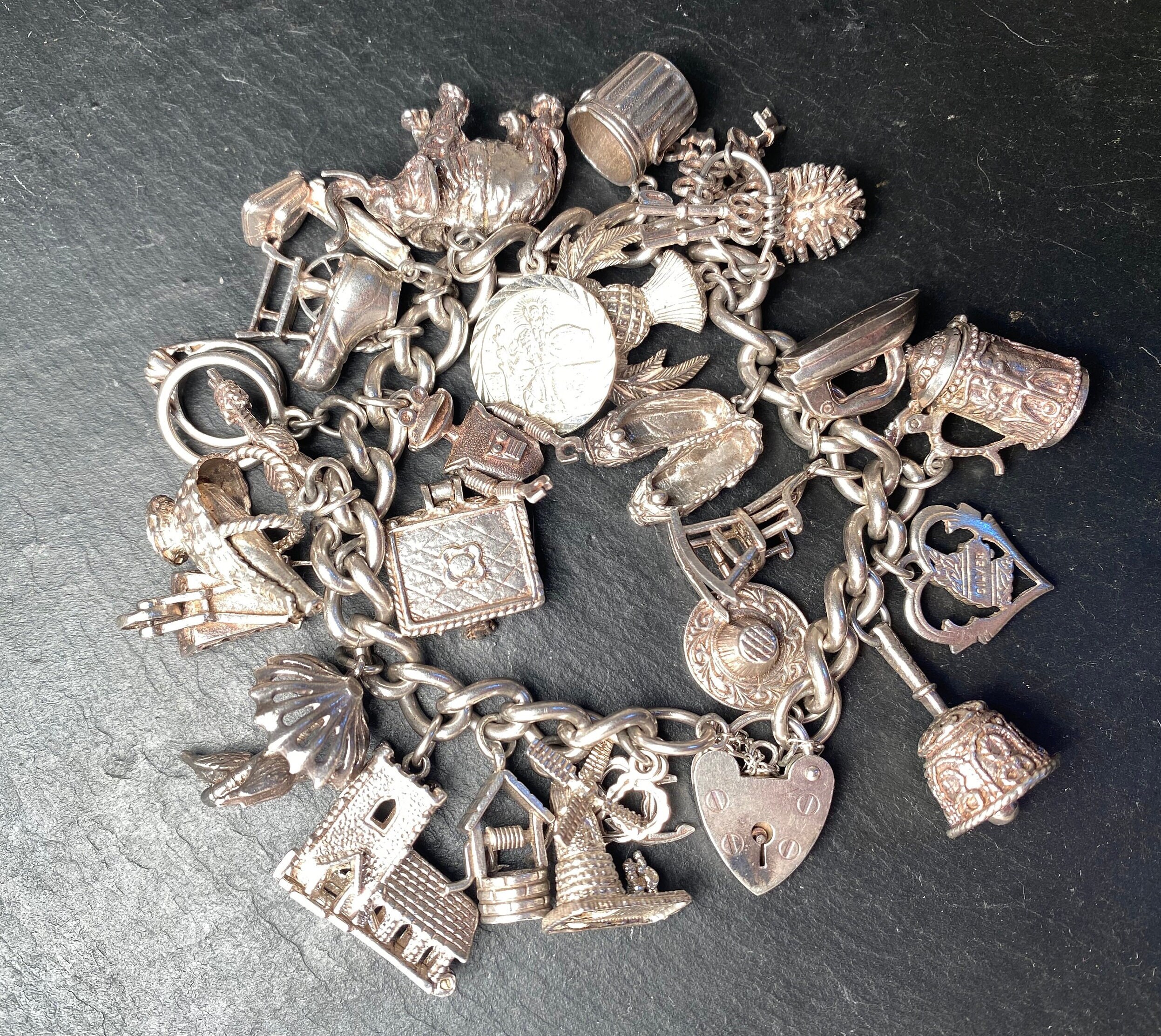 Sterling Silver Charm Bracelet With 12 Charms, Safety Clasp, Mid Century,  1960's Vintage, Fun to Wear, Instant History, Excellent Condition -   Israel