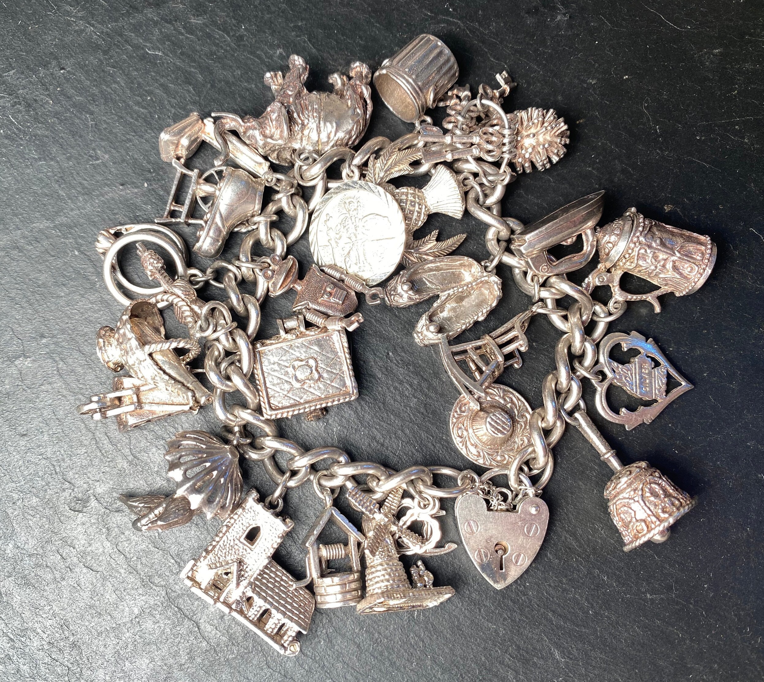 Solid 925 Sterling Silver Exquisite Vintage 27 Charms Bracelet Some Articulated and Rare Large Heart Padlock Intact Safety Chain Appr 114g Etsy UK