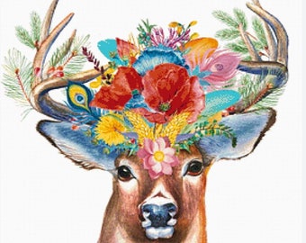 Floral Stag cross stitch pdf pattern