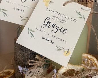 Homemade Limoncello Favor Tag, Personalized Party Favor Tag, Italian Summer Wedding, Limoncello Tags, Grazie Gift Tags, Wedding Favor Tags