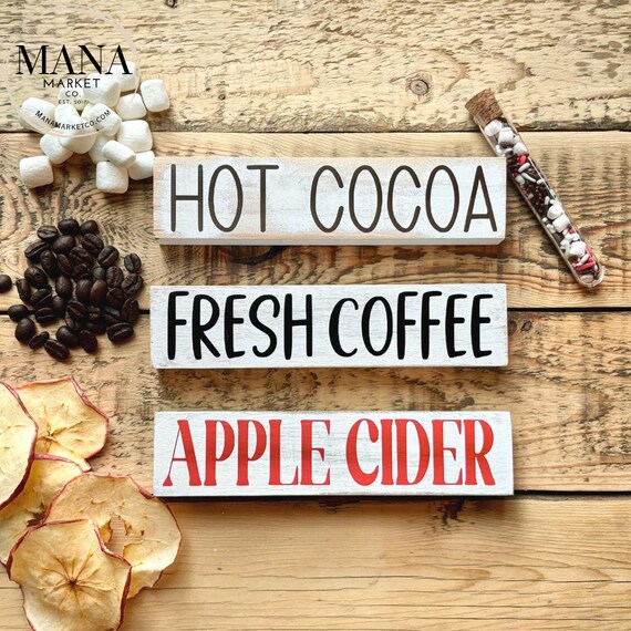 Hot Cocoa Apple Cider Coffee Bar Signs for Family Gatherings and Holiday Decor Gifts for Fall Season, Tiered Tray Decor for Christmas Party