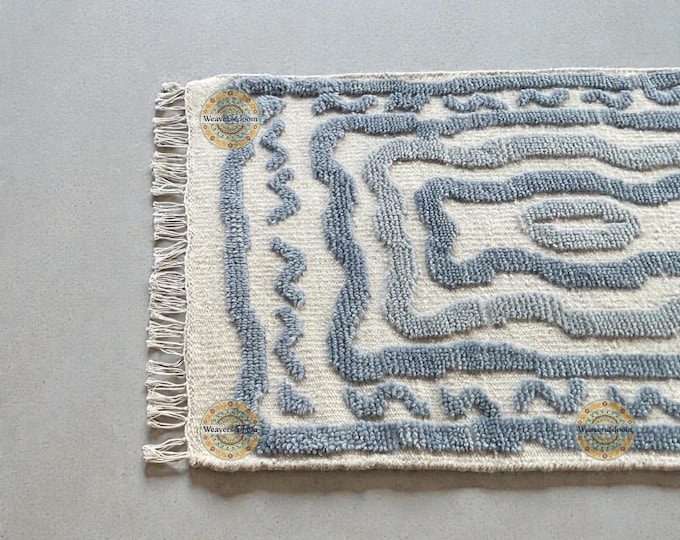 Featured listing image: Handwoven Flat Weave Wool Rug with Raised Blue Pattern | Ivory & Sky Blue Modern Tribal Area Rug