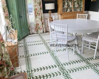Green Geometric Hand Knotted Area Rug, Handmade Oushak Rug in 8x10, 9x12, 10x14 for bedroom, Living Room, Dining Area, Trellis Area Wool Rug