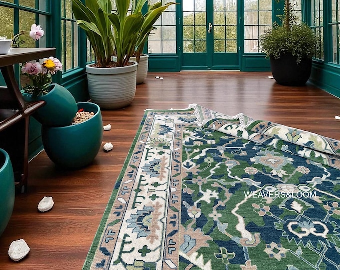 Featured listing image: Handmade Oushak Rug 8x10 – Turkish Knot | Vintage-Inspired Blue-Green Oushak Hand-Knotted Woollen Rug | Living Room & Dining Room Quick Ship