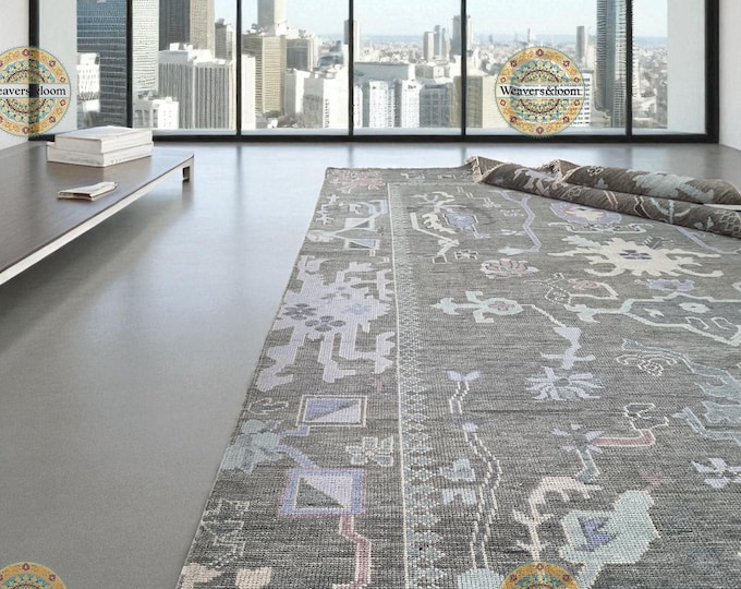 Featured listing image: soft gray with muted pastel accents Vintage Hand Knotted Oushak Rug Handmade Wool Area Rug for Bedroom,Living room,dining area,Oushak 8x10