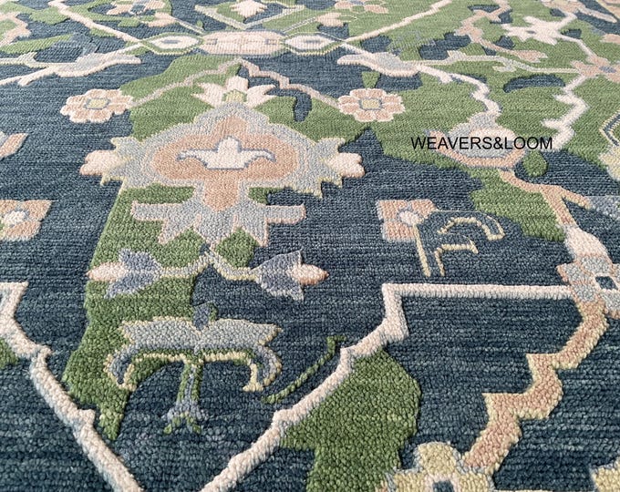 Featured listing image: Hand Knotted Oushak Rug – Green & Blue Turkish Wool Area Carpet, Oriental Floral Design, Vintage Style Living Room Decor