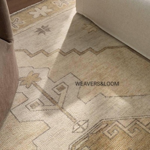 Beige-Green Vintage Look Hand Knotted Area Rug, Hand Knotted Oushak Rug in 8x10, 9x12, 10x14 for bedroom, Living Room, Dining Area