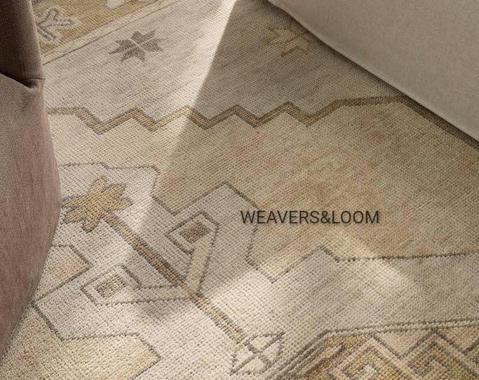 Featured listing image: Vintage Look Hand Knotted Area Rug, Hand Knotted Oushak Rug in 8x10, 9x12, 10x14 for bedroom, Living Room, Dining Area,Large Beige Green Rug