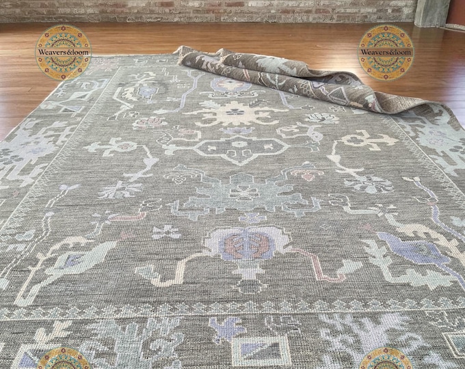 Featured listing image: soft gray with muted pastel accents Vintage Hand Knotted Oushak Rug Handmade Wool Area Rug for Bedroom,Living room,dining area,Oushak 8x10
