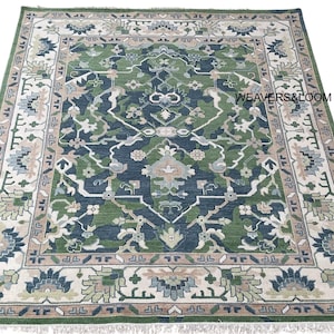 Hand Knotted Oushak Rug – Green & Blue Turkish Wool Area Carpet, Oriental Floral Design, Vintage Style Living Room Decor