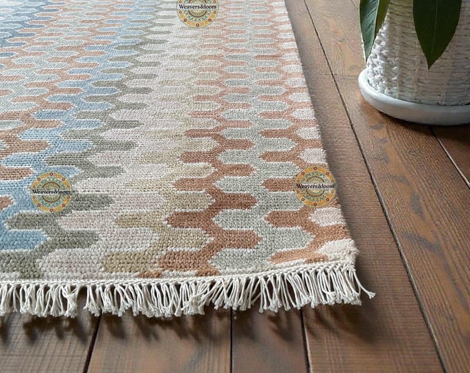 Featured listing image: Handmade Terracotta Wool Geometric Rug, Coastal Folk Art
