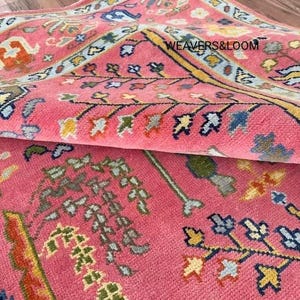 Pink Handmade Rug Tree Of Life Hand Knotted Oushak Rug for Living Room, Dining Room,Hand Knotted Wool Area Rugs 8x10,9x12, Turkish Oushak