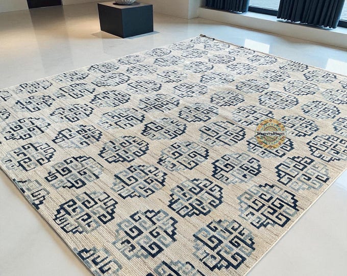 Featured listing image: Modern Geometric Hand-Knotted Wool Rug,Handmade Rug Area Rug for Bedroom,Living Room,Dining Area,Office,Trending Wool Hand Knotted blue Rug