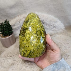 Peut inclure: Une sculpture en pierre polie en forme de goutte d'eau, présentant une palette de couleurs vert citron et vert olive vif avec des motifs complexes et sombres en forme de veines sur toute la surface, offrant une finition lisse et brillante.