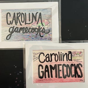 May include: Two framed art prints featuring the text "CAROLINA Gamecocks" in black script. The artwork includes a stadium illustration and is set against a colorful background. The prints are in white frames.