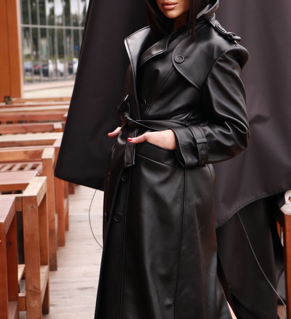 Women Designer Black Trench Leather Long Coat With Belt Trench Etsy