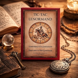 Pode incluir: Uma caixa vermelha com o texto "TIC-TAC LENORMAND" e uma ilustração de mostrador de relógio com uma pessoa a cavalo. A caixa está sobre uma superfície de madeira com um livro, uma bola de cristal e um relógio de bolso.