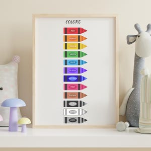 Póster a color imprimible, arte mural educativo para niños, tabla de colores preescolar, decoración de aula Montessori, impresión de aprendizaje para niños pequeños