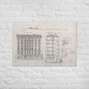 Blauwdrukposter: flatgebouw Parijs 1898, vintage architectuurtekening, origineel exemplaar