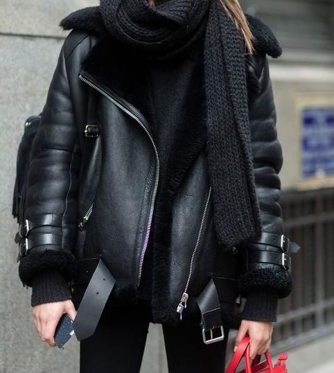 Black leather sherpa jacket women's discount