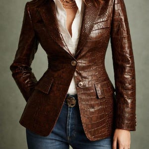 Puede incluir: Un blazer marrón oscuro con una textura brillante de relieve de cocodrilo, con solapa de muesca, dos botones frontales y dos bolsillos con solapa. El blazer se lleva sobre una camisa blanca de cuello y pantalones vaqueros azules con hebilla metálica.