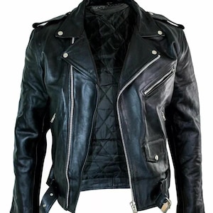 May include: A black leather jacket with a classic biker style. Features include a notched lapel, asymmetrical zipper closure, multiple zippered pockets, and a quilted lining. Includes a belt at the waist and silver hardware.
