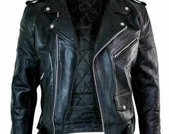 May include: A black leather jacket with a classic biker style. Features include a notched lapel, asymmetrical zipper closure, multiple zippered pockets, and a quilted lining. Includes a belt at the waist and silver hardware.