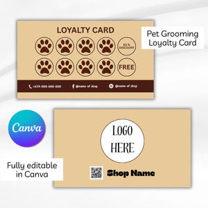 ペットグルーミングポイントカード、Canva編集可能テンプレート、リワードカード、DIY割引カード、ペットビジネスカード、ポイントカードスタンプ、ペットグルーミングショップ