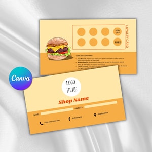 バーガーロイヤリティカード、Canva編集可能テンプレート、リワードカード、DIYロイヤリティカード、バーガー名刺、フードロイヤリティカード、フード名刺